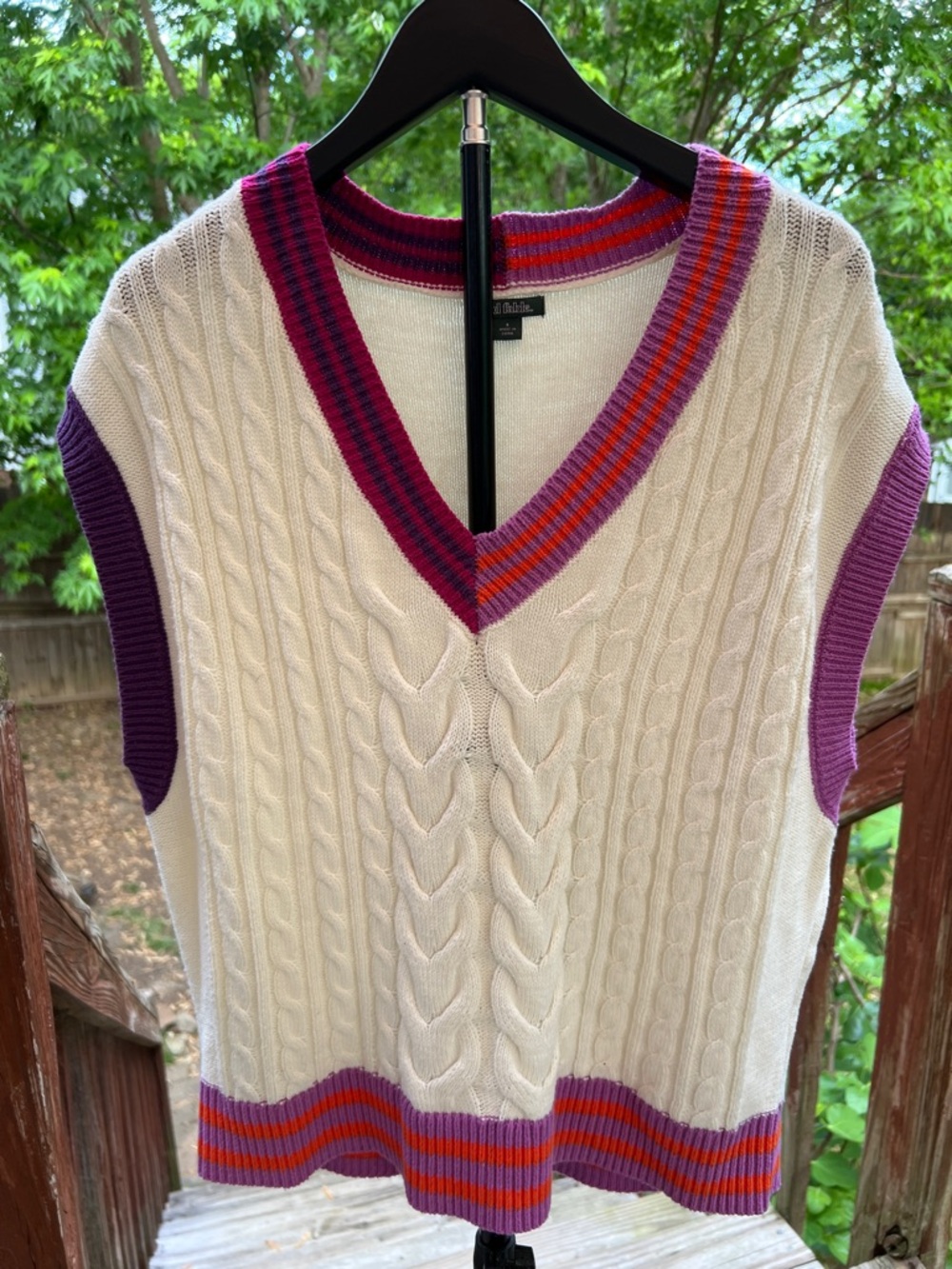 Wild Fable Cable Knit V-Neck Sweater Vest in Cream with Purple & Pink Trim